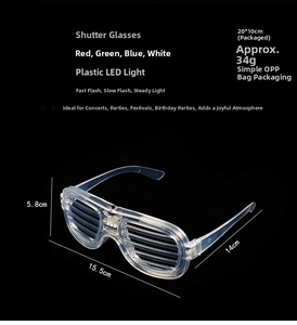 Detailed spec sheet for LED shutter glasses showing dimensions and flash modes