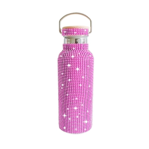 Sparkly pink rhinestone-studded double-walled stainless steel water bottle with wooden lid