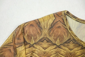 Close-up of the sheer mesh crew neck and geometric tribal print on this A-line dress