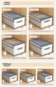 Detailed view of multi-compartment fabric wardrobe organizers with handles and lids