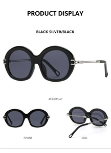 Three-view display of round retro sunglasses with black frames and silver metal temples