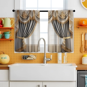 Detail of grey damascus kitchen valance with golden floral pattern and fringe trim