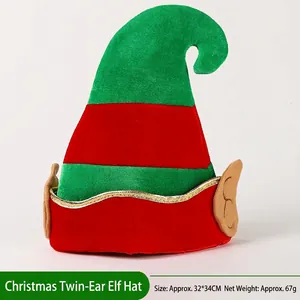 Close-up of red and green striped Christmas elf hat with plush texture and golden wavy trim