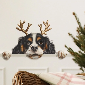 Christmas dog wall sticker with reindeer antlers showing peekaboo effect on white wall