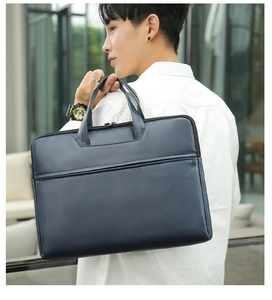 Deep blue minimalist business laptop bag with front zipper pocket and PU leather texture