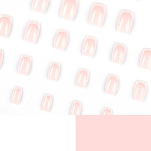 Pink and white French tip press on nails in short square shape displayed in an array