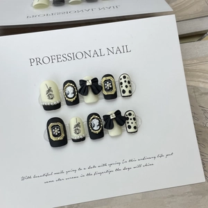 French Vintage Black White Press On Nails Handmade Bowtie Artificial Pearl Cameo Portrait Design Fake Nails For Women Party Jewelry