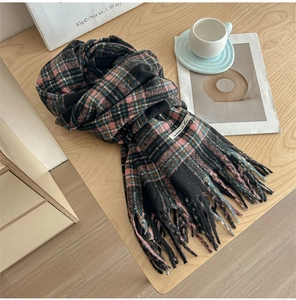 Detail of soft multi-color plaid scarf with fringe and Autumn On Line label