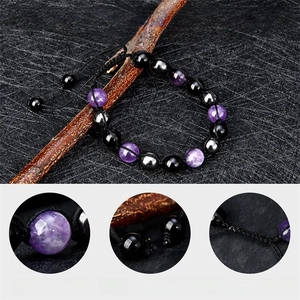 Triple protection 8mm natural amethyst and obsidian braided bracelet with adjustable cord