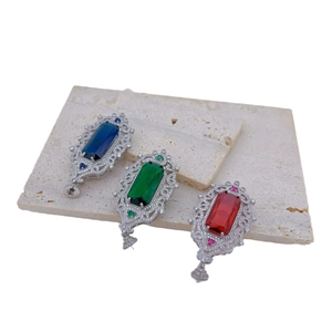 Vintage style crystal pendants with large rectangle gems in blue, green and red colors
