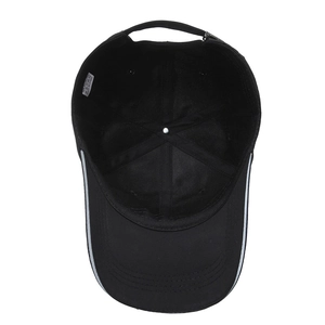 Black quick-dry polyester baseball cap with white trim and adjustable metal buckle back