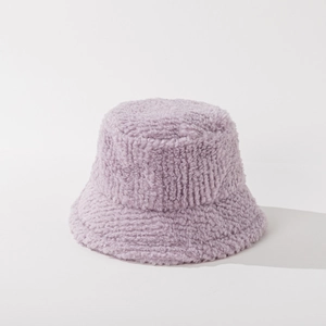 Close-up of soft lavender faux fur texture on a warm winter bucket hat for women