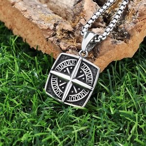 Vintage stainless steel square compass pendant necklace with silver box chain style
