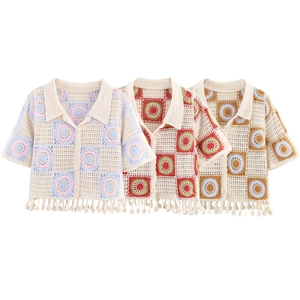 Women Crochet Knitted Short Sleeve Cardigan Shirt Hollow Out Boho Granny Square Tassel Button Up Top