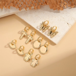 Orecchini Pendenti In Rame Placcato Oro Zirconia Farfalla Croce Tondo Ventaglio Gioielli Retro Eleganti Per Donne