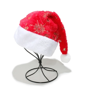 Plush Christmas Santa Hat With Bronzing Snowflake Feather Pattern Festive Red Cap For Adults Winter Party Decoration