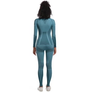 Women's 2-piece teal yoga set with long sleeve top and leggings in jacquard knit fabric
