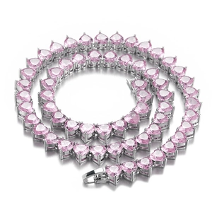 Hip hop tennis chain necklace featuring pink heart-shaped zircon stones in silver finish