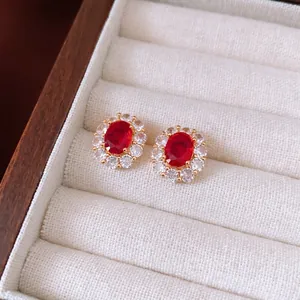 French luxury 18K gold plated oval stud earrings with ruby stones and pavé crystals