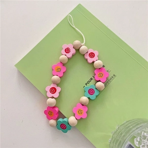 Pink tulip beaded phone strap with blue wooden floral beads for women phone case accessories