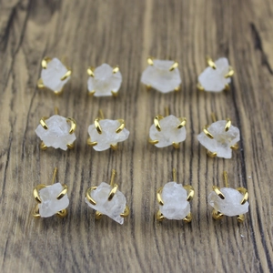 Grid view of natural crystal raw stone stud earrings with gold claw settings