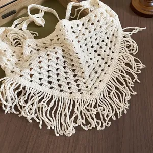 Beige crochet hollow triangular scarf with long tassels, boho style knitted waist belt