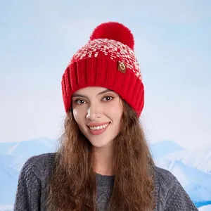 Winter Knit Beanie Hat Women Fleece Lined Warm Outdoor Faux Fur Pom Pom Jacquard Acrylic Soft Thick Cap