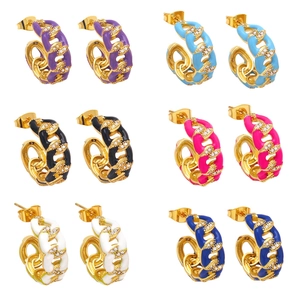 Orecchini A Cerchio A Forma Di C Rame Placcato Oro 18K Smalto Zircone Catena Geometrica Colorata Gioielli Per Donne