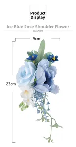 Ice blue rose corsage with white flowers and hanging vines, size 9cm by 23cm