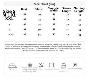 Size chart for luxury embroidered princess dress with chest and waist measurements