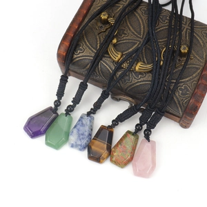 Natural crystal healing stone necklaces in coffin shape with black braided cords