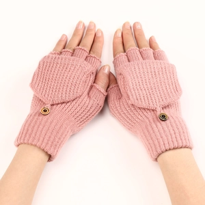 Detail of pink knitted fingerless gloves showing flip-top design and thick warm texture