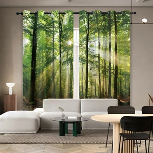 Detailed realistic forest landscape curtains with rod pocket design in a sunny living room