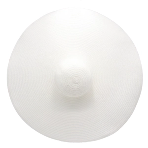 Flat lay of white wide-brim straw hat featuring minimalist woven concentric textures