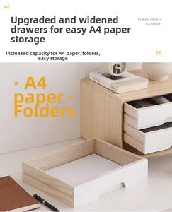 Detail showing wide wooden drawer storage box holding standard A4 paper sheets