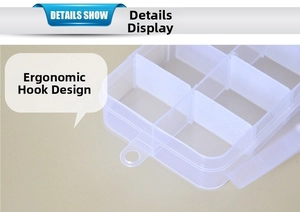 Detail of transparent plastic jewelry organizer showing the functional hanging hook design