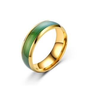 Polished gold stainless steel band ring with green marble inlay on white background