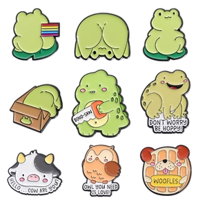 Set of 9 cute cartoon animal enamel pins featuring a cat, frog, and owl on white background