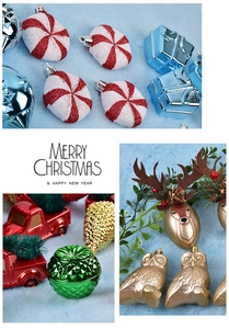 Detail of red candy canes, golden reindeer and green ornaments on light blue fur background