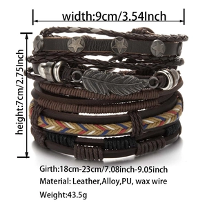 Detailed view of handmade leather braided bracelets with metal charms and size specs