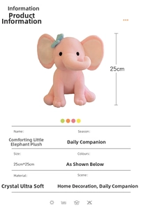 Pink plush elephant toy with a bow, detailed dimensions and soft material info
