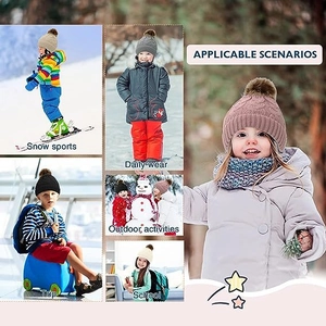 Detailed views of chunky knit children's winter hats with faux fur pom-poms in various colors