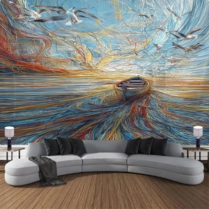 Artistic mandala wall tapestry featuring a sailing boat in a modern living room