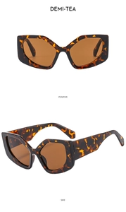 Front and side views of oversized geometric tortoiseshell sunglasses with brown lenses