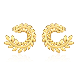 Golden wheat leaf stud earrings in titanium steel shown on a white reflective background