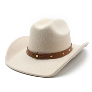 Classic cream felt western cowboy hat with studded brown leather band and wide brim