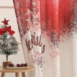 Detail of red and white Christmas curtain with snowflakes and festive forest prints
