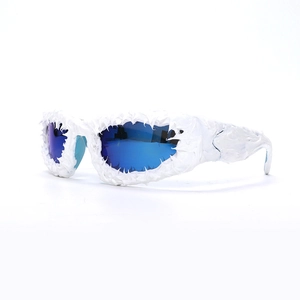 Avant-garde white wave textured sunglasses with blue polarized lenses in side view