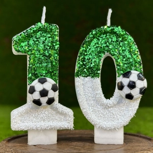 Bougies d'anniversaire foot numéro 10 vert et blanc pailletées pour décoration de gâteau