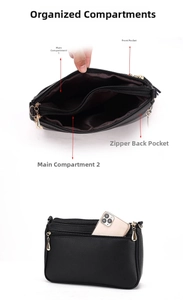 Black leather women crossbody bag detail showing multi-compartment interior zipper pockets